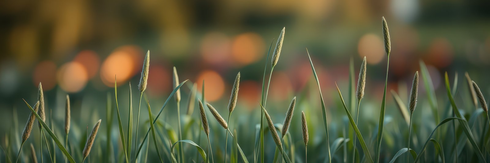 Grass sways gently in the evening breeze with blurred lights in the background creating a serene atmosphere